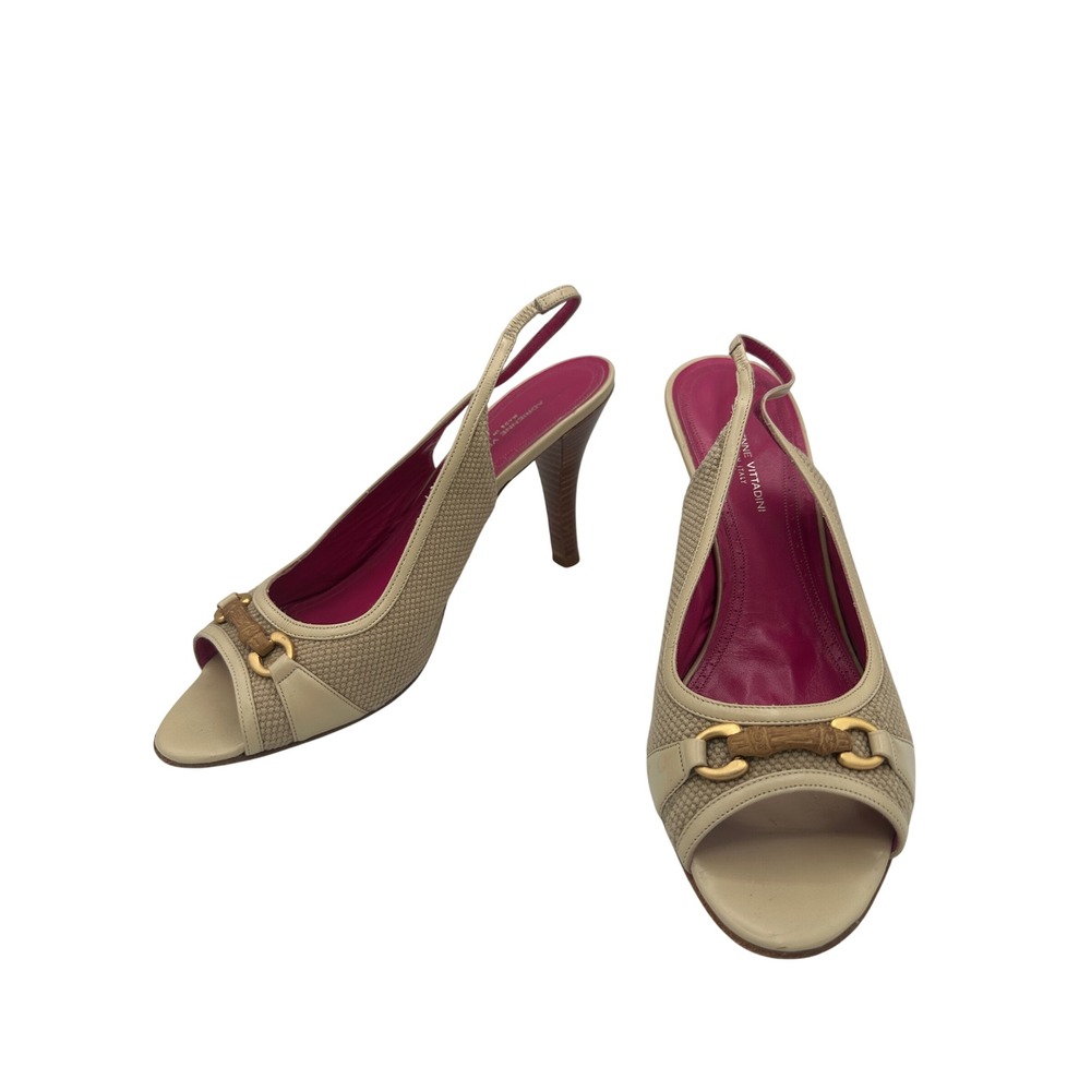 Adrienne Vittadini Slingback Heels Womens 10 Beige Good Bamboo Peep Toe Italy